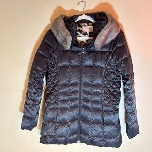 Down Puffer Parka with Leopard Print Lining, Black, L